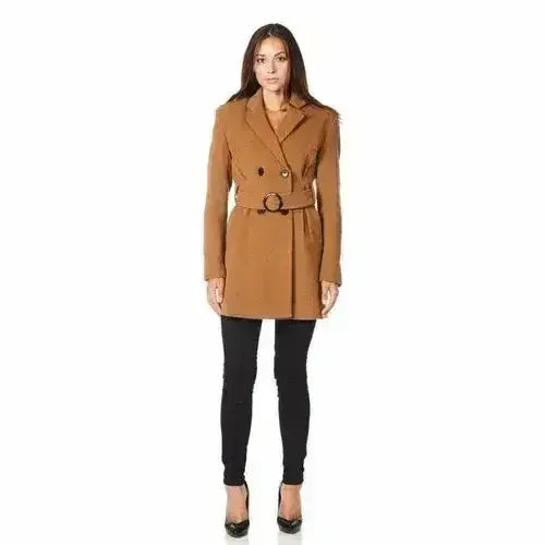 De La Creme - Womens Camel Textured Short Belted Coat - Femstylo