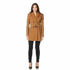 De La Creme - Womens Camel Textured Short Belted Coat - Femstylo