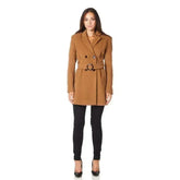 De La Creme - Womens Camel Textured Short Belted Coat - Femstylo