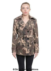 De La Creme - Womens Camo Print Double Breasted Short Coat - Femstylo