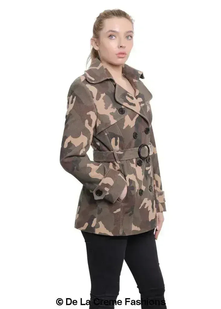 De La Creme - Womens Camo Print Double Breasted Short Coat - Femstylo