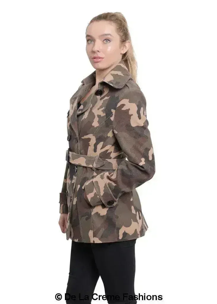 De La Creme - Womens Camo Print Double Breasted Short Coat - Femstylo