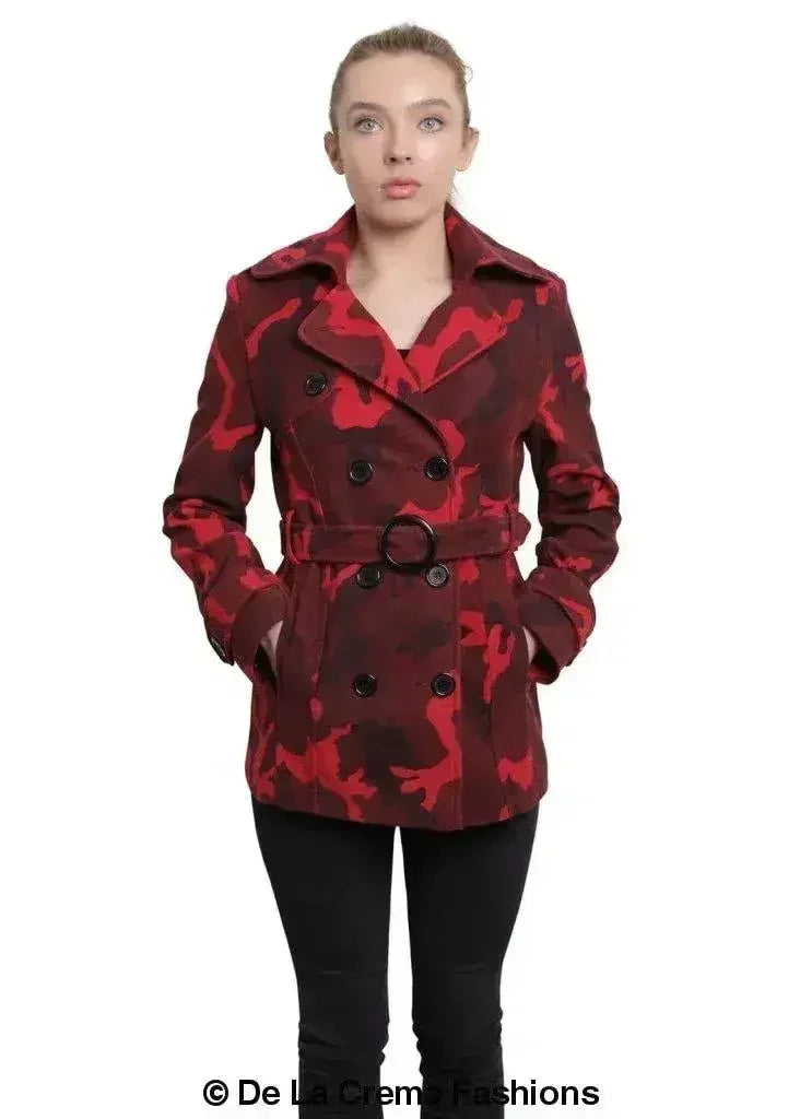De La Creme - Womens Camo Print Double Breasted Short Coat - Femstylo