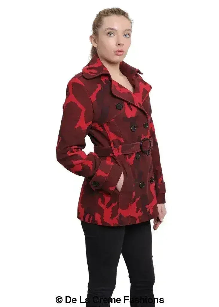 De La Creme - Womens Camo Print Double Breasted Short Coat - Femstylo