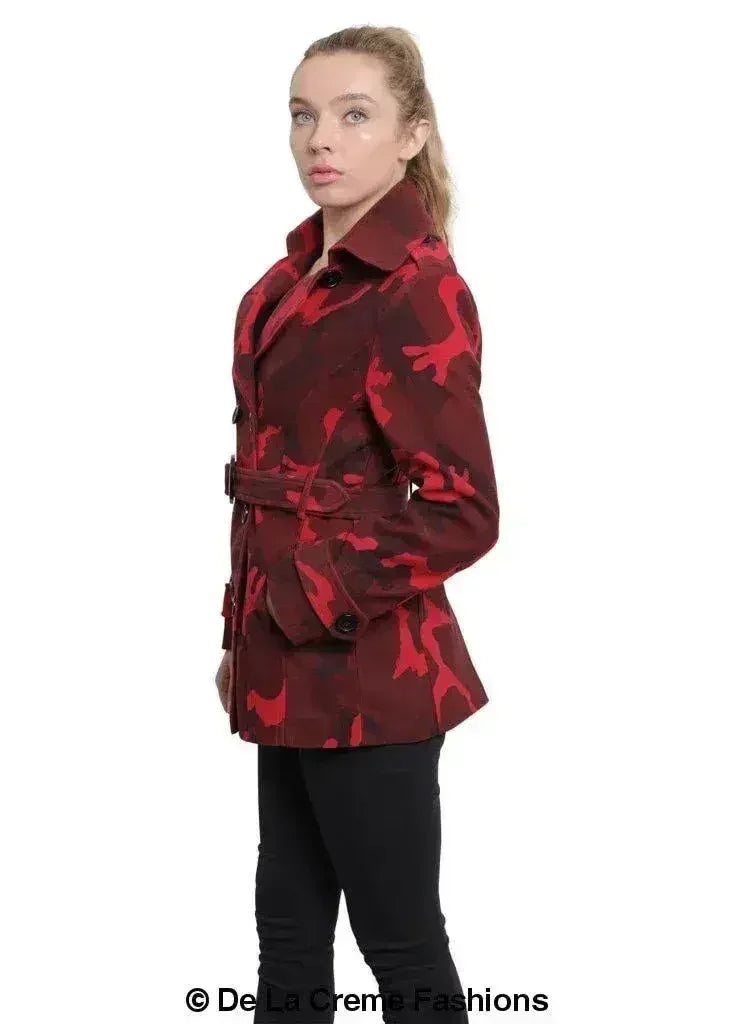 De La Creme - Womens Camo Print Double Breasted Short Coat - Femstylo