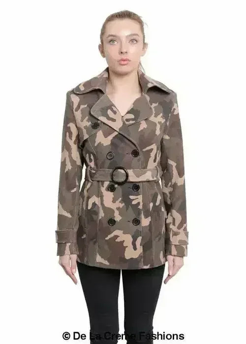 De La Creme - Womens Camo Print Double Breasted Short Coat - Femstylo