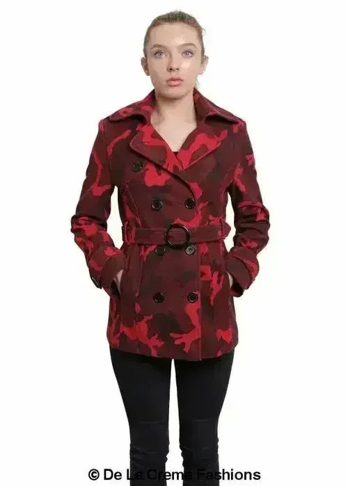 De La Creme - Womens Camo Print Double Breasted Short Coat - Femstylo