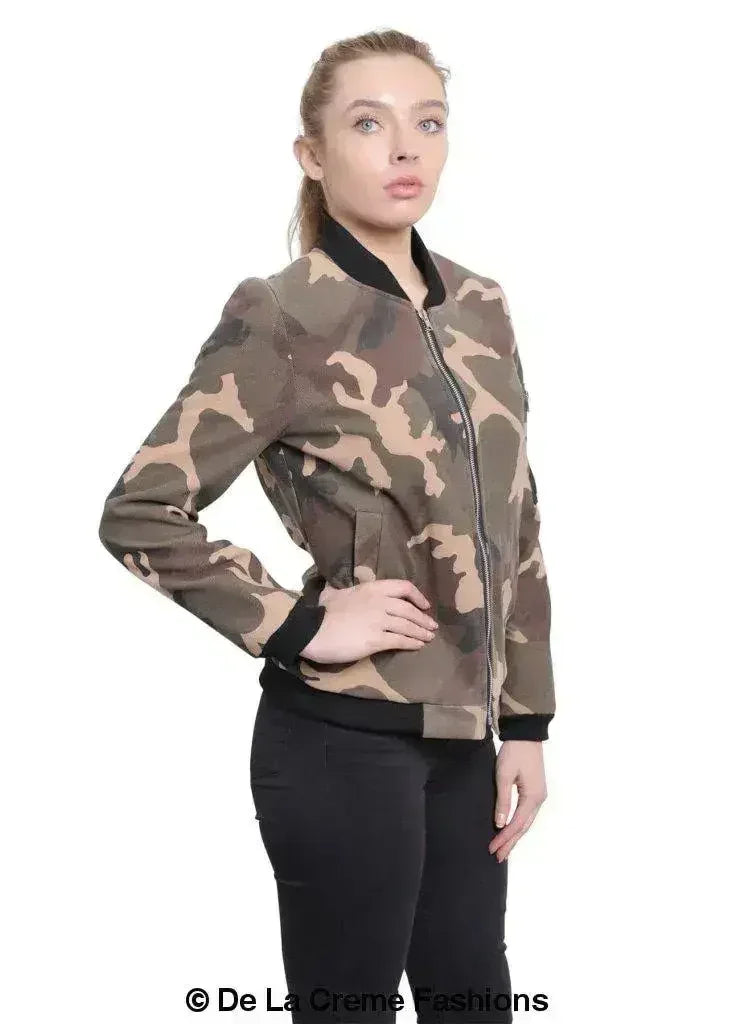 De La Creme - Womens Camo Zip-Thru Varsity Bomber Jacket - Femstylo