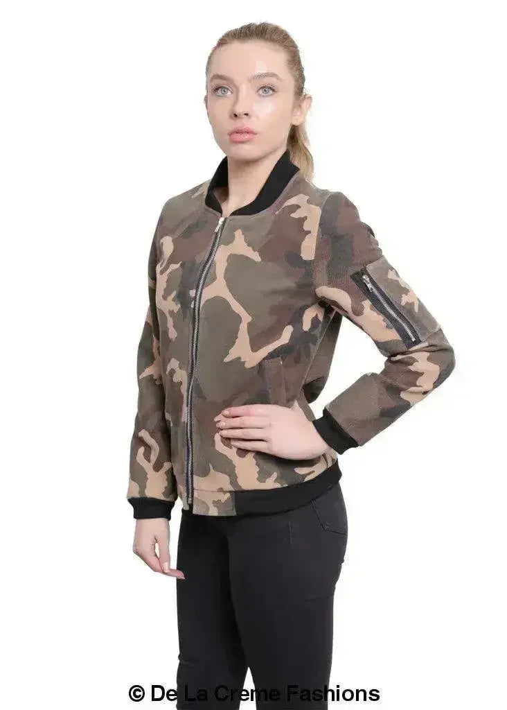 De La Creme - Womens Camo Zip-Thru Varsity Bomber Jacket - Femstylo