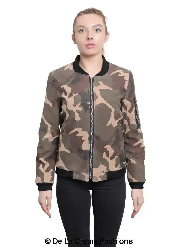 De La Creme - Womens Camo Zip-Thru Varsity Bomber Jacket - Femstylo