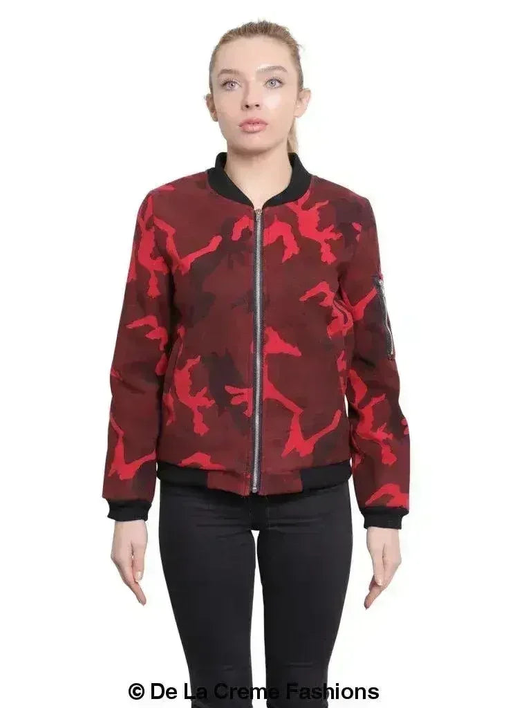 De La Creme - Womens Camo Zip-Thru Varsity Bomber Jacket - Femstylo