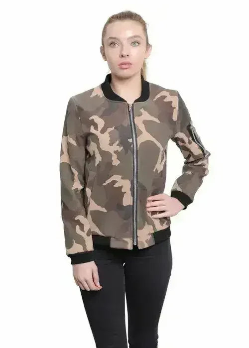 De La Creme - Womens Camo Zip-Thru Varsity Bomber Jacket - Femstylo