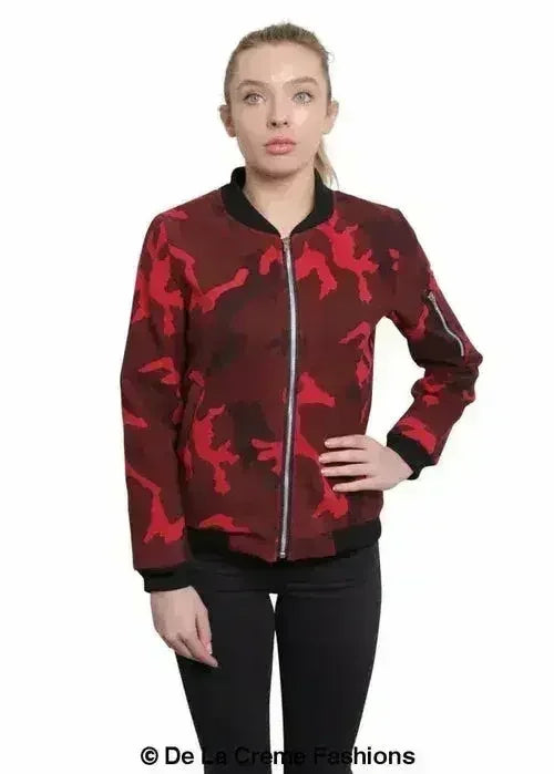 De La Creme - Womens Camo Zip-Thru Varsity Bomber Jacket - Femstylo