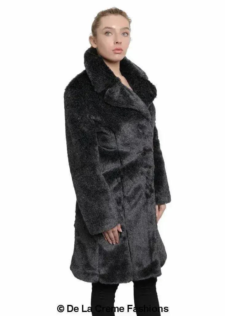 De La Creme - Womens Faux Fur Large Lapel Mid Length Coat - Femstylo