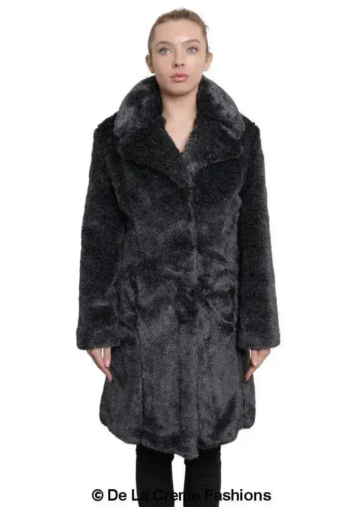 De La Creme - Womens Faux Fur Large Lapel Mid Length Coat - Femstylo