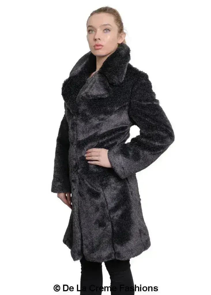 De La Creme - Womens Faux Fur Large Lapel Mid Length Coat - Femstylo