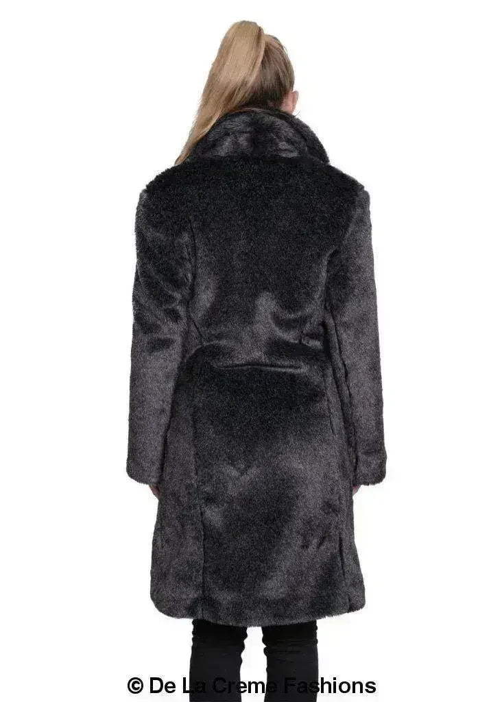 De La Creme - Womens Faux Fur Large Lapel Mid Length Coat - Femstylo