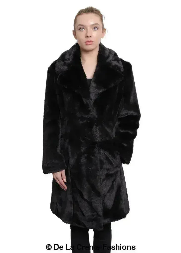 De La Creme - Womens Faux Fur Large Lapel Mid Length Coat - Femstylo
