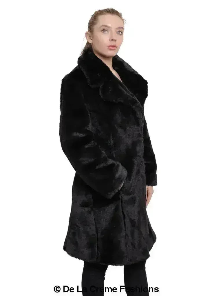 De La Creme - Womens Faux Fur Large Lapel Mid Length Coat - Femstylo