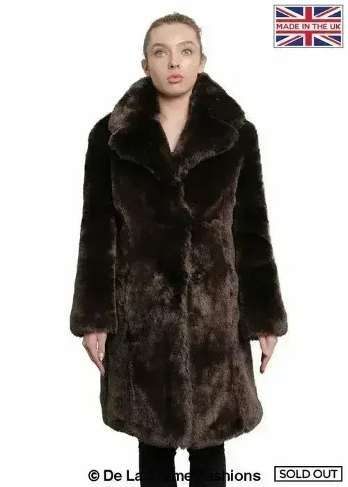 De La Creme - Womens Faux Fur Large Lapel Mid Length Coat - Femstylo