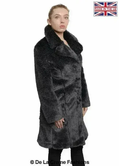 De La Creme - Womens Faux Fur Large Lapel Mid Length Coat - Femstylo