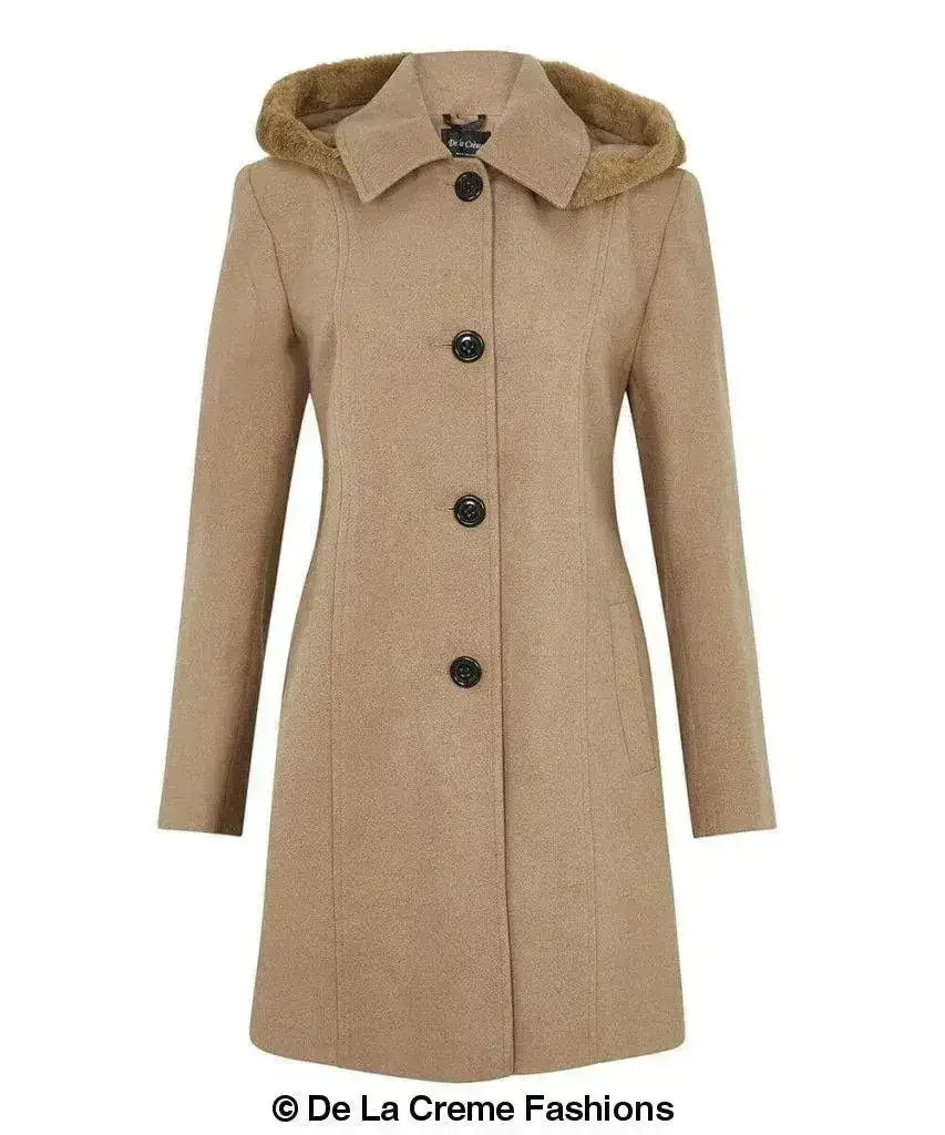 De La Creme - Women's Faux Fur Trim Hooded Coat - Femstylo