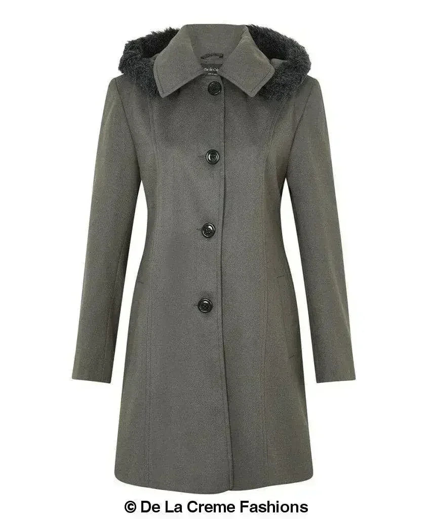De La Creme - Women's Faux Fur Trim Hooded Coat - Femstylo