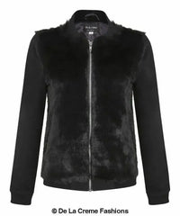 De La Creme - Womens Faux Fur Zip-Thru Varsity Bomber Jacket - Femstylo