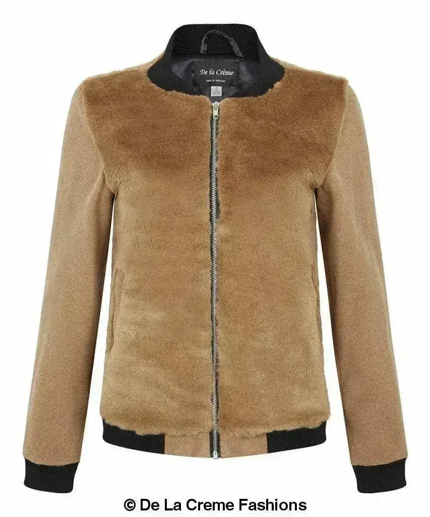 De La Creme - Womens Faux Fur Zip-Thru Varsity Bomber Jacket - Femstylo