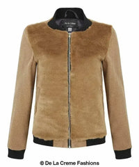 De La Creme - Womens Faux Fur Zip-Thru Varsity Bomber Jacket - Femstylo