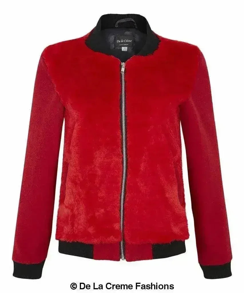 De La Creme - Womens Faux Fur Zip-Thru Varsity Bomber Jacket - Femstylo
