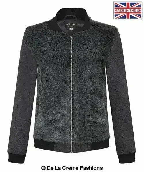 De La Creme - Womens Faux Fur Zip-Thru Varsity Bomber Jacket - Femstylo