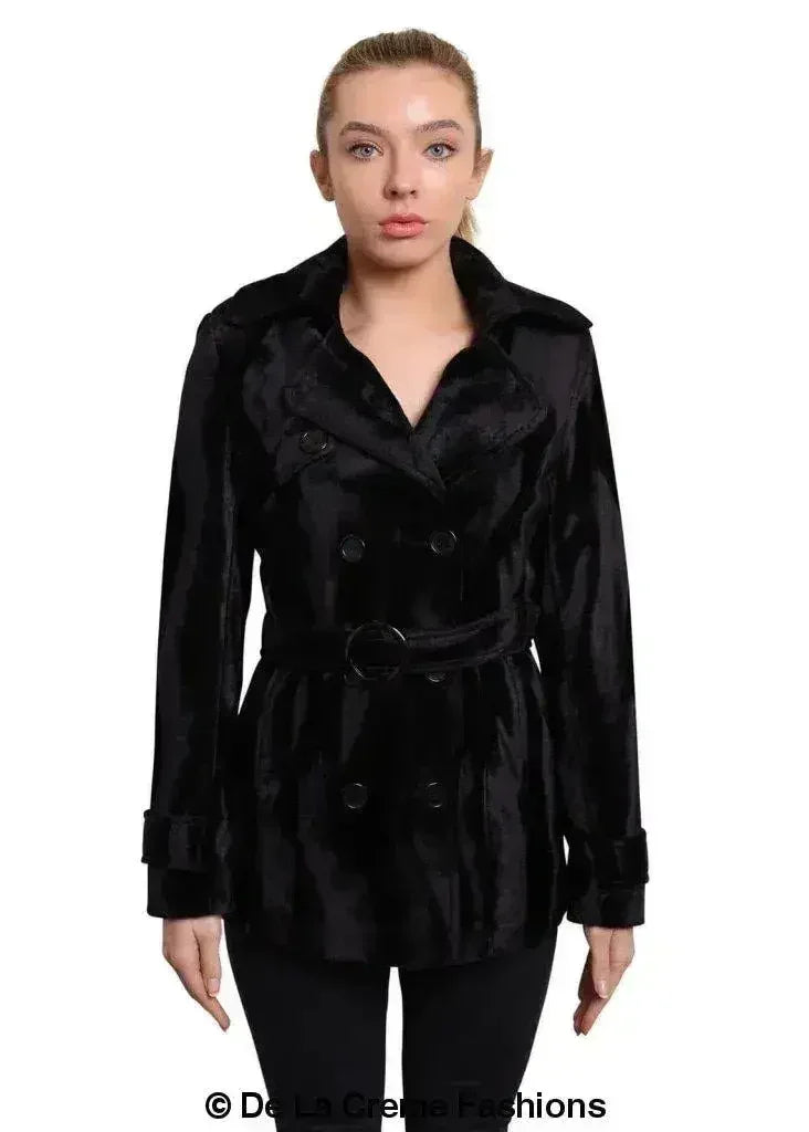 De La Creme - Women's Luxury Black Ponyskin Double Breasted Short Coat - Femstylo