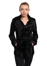 De La Creme - Women's Luxury Black Ponyskin Double Breasted Short Coat - Femstylo