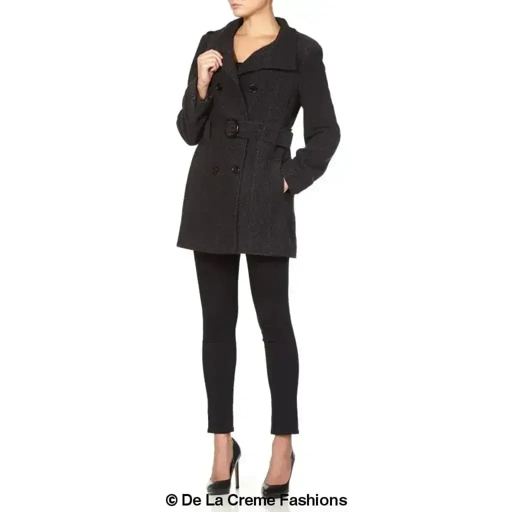De La Creme - Womens Military Style Wool Belted Coat - Femstylo