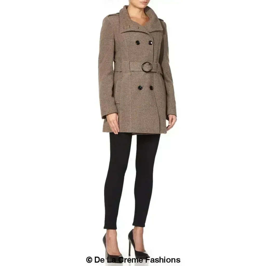 De La Creme - Womens Military Style Wool Belted Coat - Femstylo