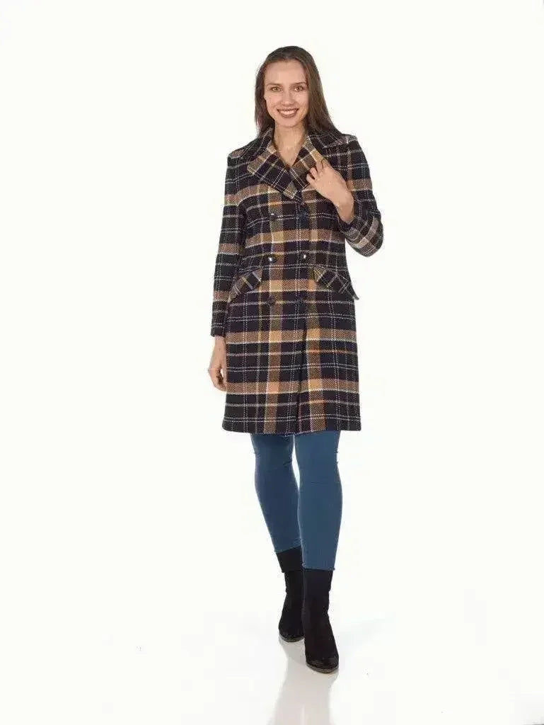 Wool Blend Tartan Check Double Breasted Coat - Femstylo