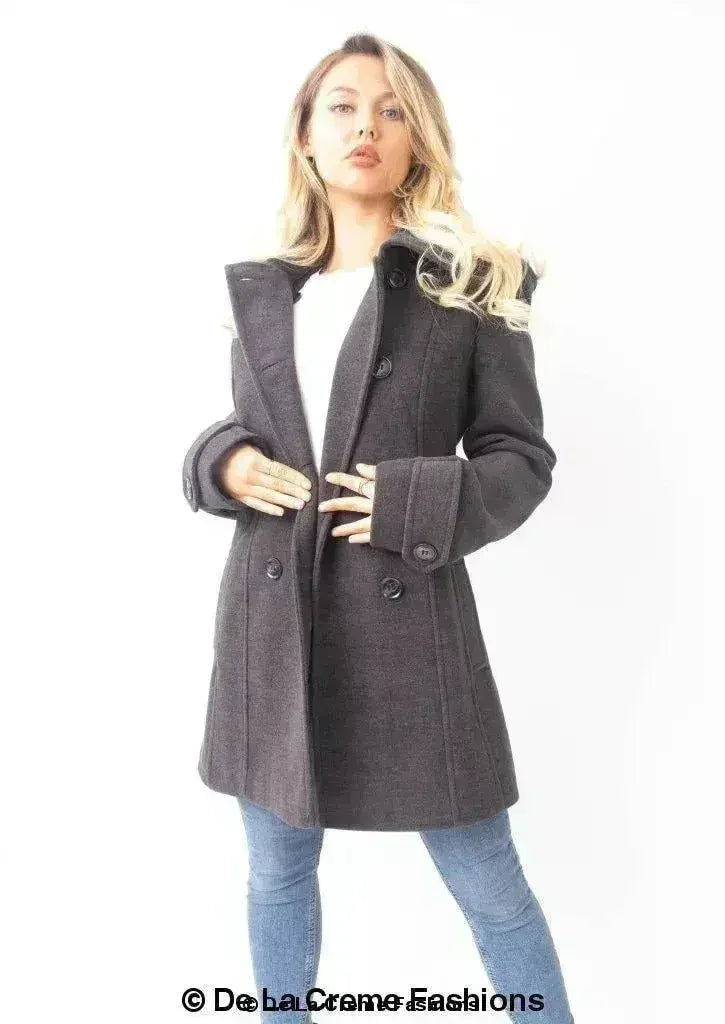 Womens Wool Feel Double Breasted Hooded Coat - Femstylo