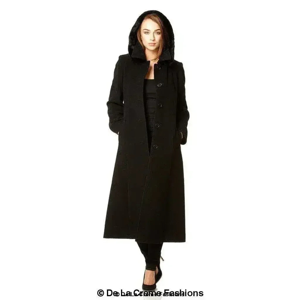 Wool Blend Faux Fur Trim Hooded Long Coat - Femstylo