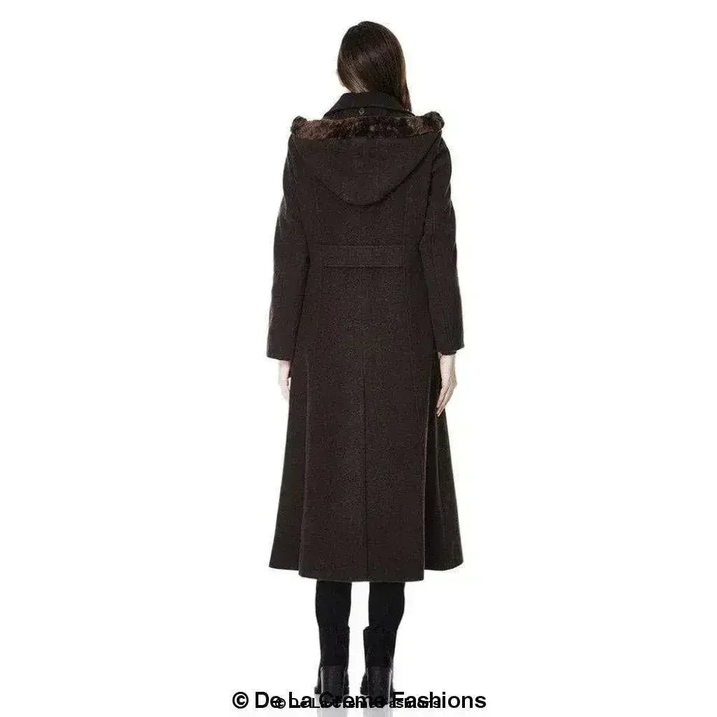 Wool Blend Faux Fur Trim Hooded Long Coat - Femstylo