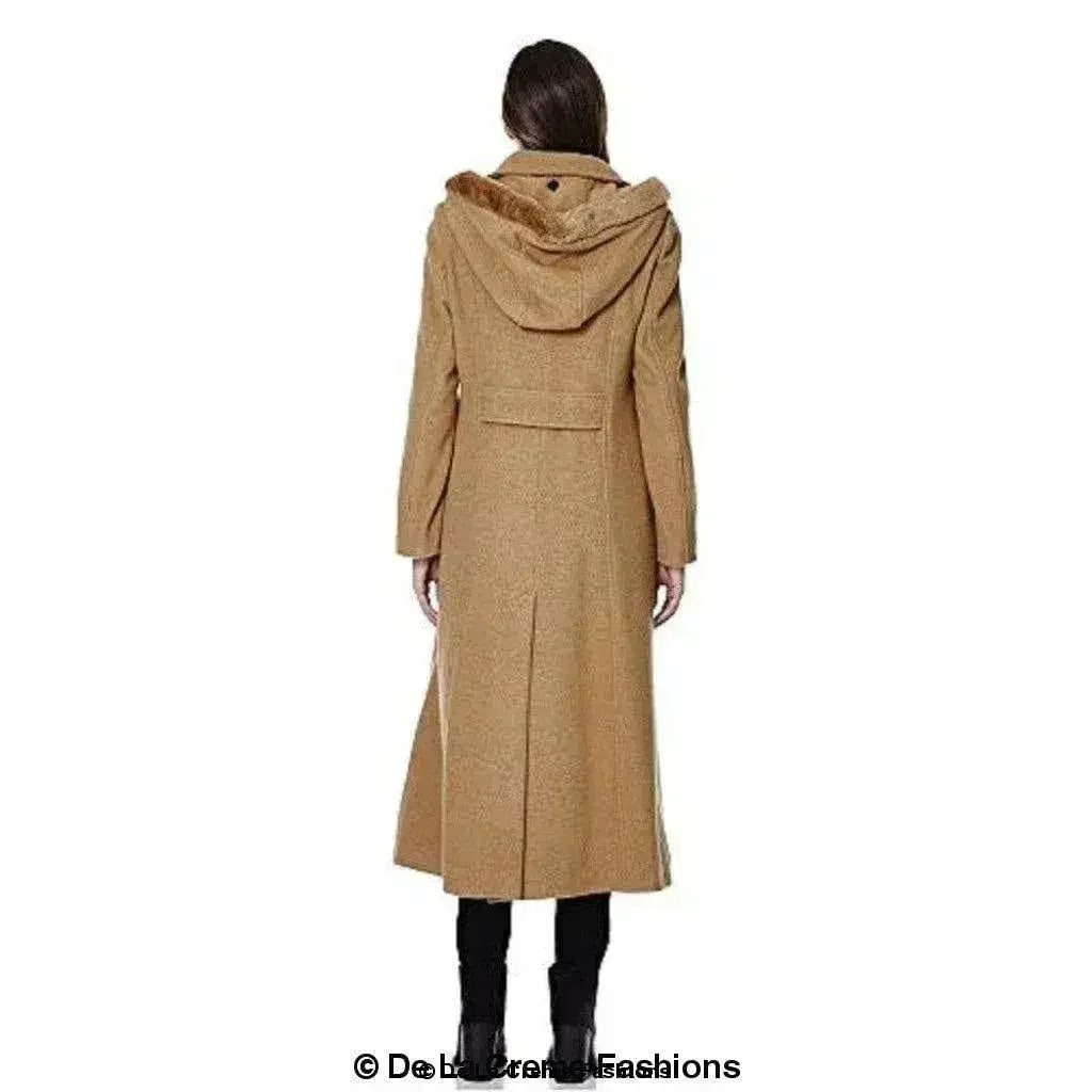 Wool Blend Faux Fur Trim Hooded Long Coat - Femstylo