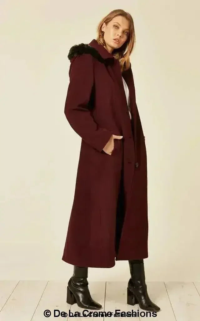 Wool Blend Faux Fur Trim Hooded Long Coat - Femstylo