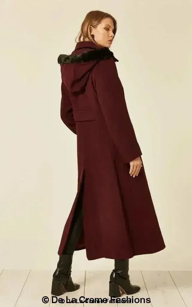 Wool Blend Faux Fur Trim Hooded Long Coat - Femstylo