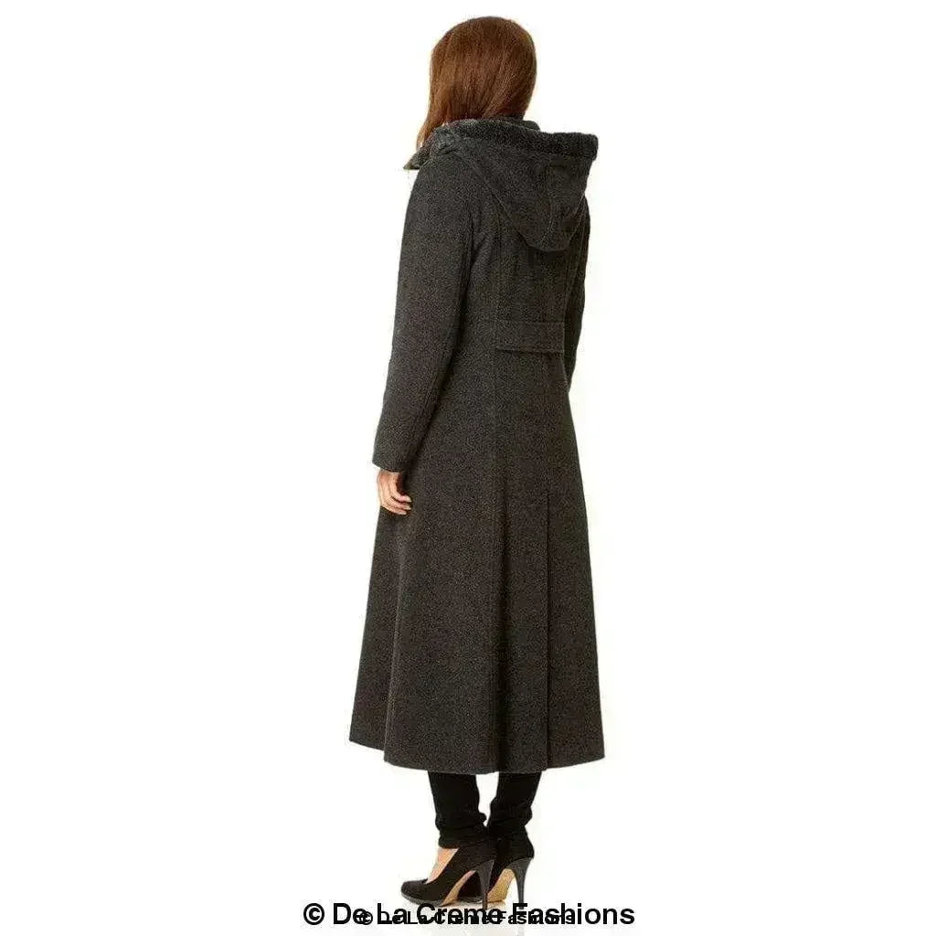 Wool Blend Faux Fur Trim Hooded Long Coat - Femstylo