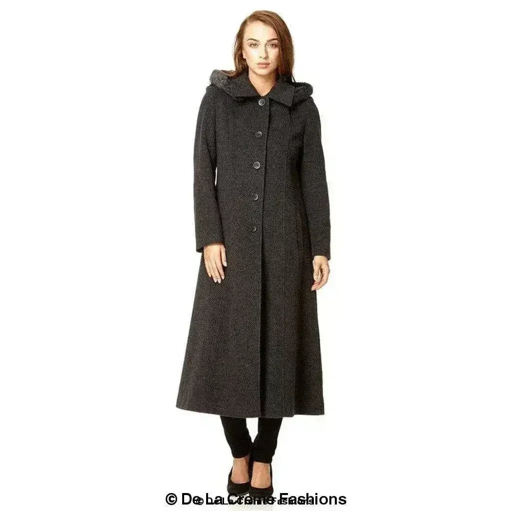 Wool Blend Faux Fur Trim Hooded Long Coat - Femstylo