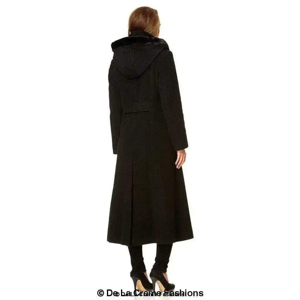 Wool Blend Faux Fur Trim Hooded Long Coat - Femstylo