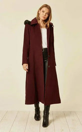 Wool Blend Faux Fur Trim Hooded Long Coat - Femstylo