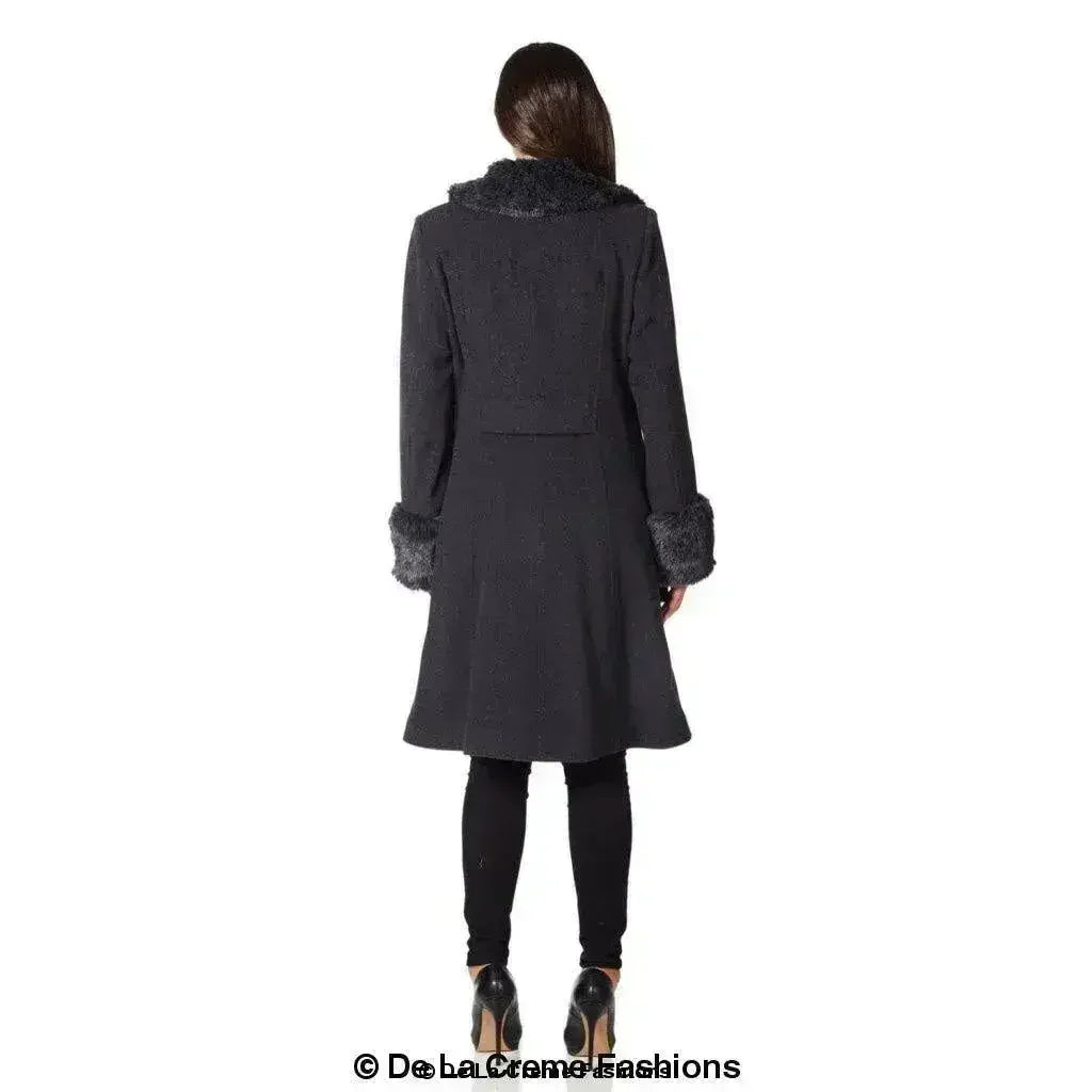 De La Creme - Womens Wool Blend Faux Fur Trim Midi Coat - Femstylo