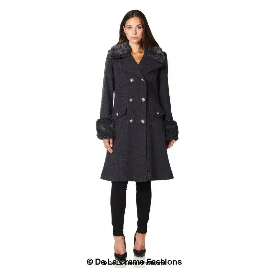 De La Creme - Womens Wool Blend Faux Fur Trim Midi Coat - Femstylo