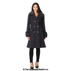 De La Creme - Womens Wool Blend Faux Fur Trim Midi Coat - Femstylo